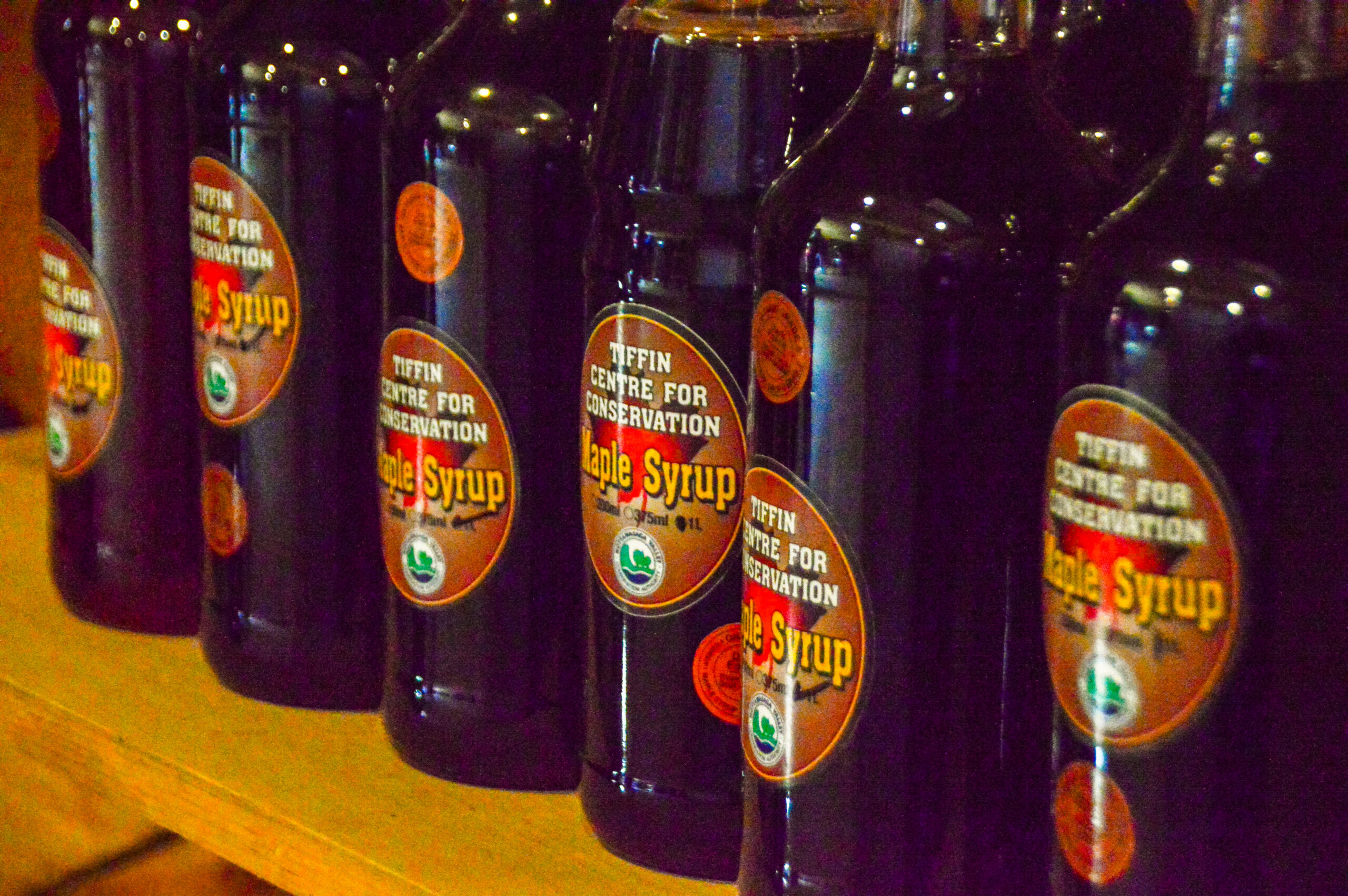 A close up image of Tiffin Maple Syrup bottles.