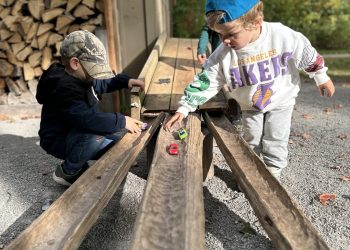 Children playing with cars on wood