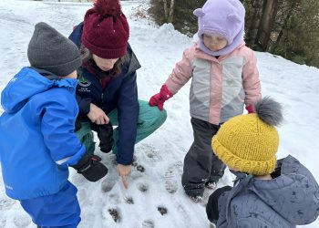 Children looking at footprints in snow with educator Tiffin Nature Program